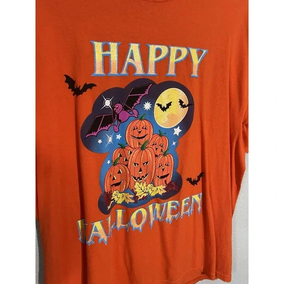 Vintage Halloween Tee by Time 2 Celebrate size XL orange pumpkins bats moon - Picture 2 of 5